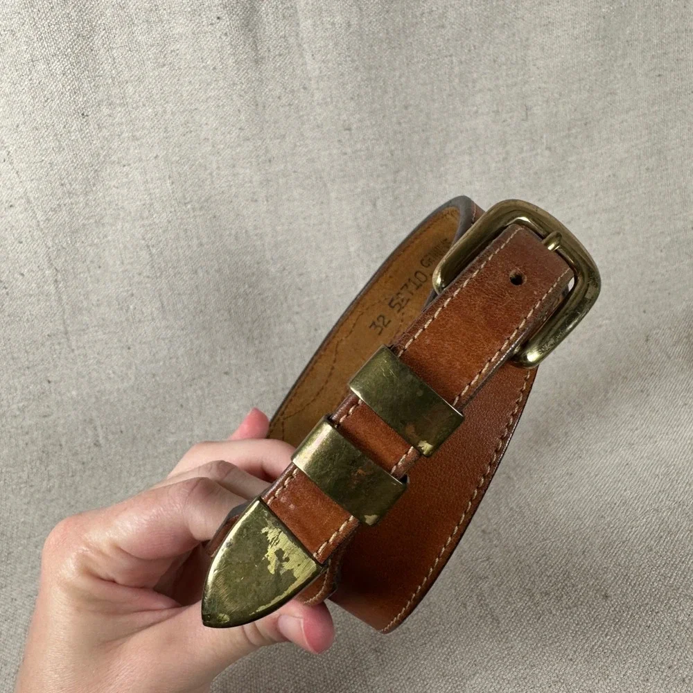 Leegin Vintage Brown Leather Western Belt 32 Brass Buckle Lizard Inlay 1113